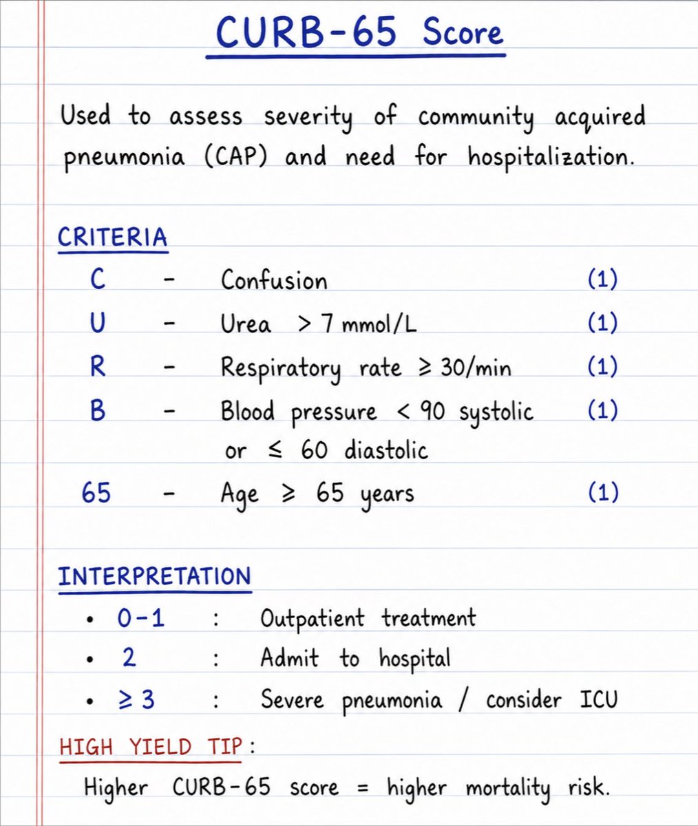 doctorinstaha's tweet photo. CURB-65 is a clinical scoring system used to assess the severity of community-acquired pneumonia (CAP) and to help determine whether a patient can be treated as an outpatient or requires hospital admission. https://t.co/FhrYc5vpD7