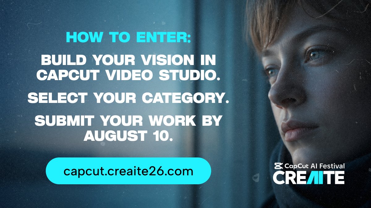 capcutapp's tweet photo. Your imagination can pay off. Submit your AI film, original series, social-first creative experiment, or spec commercial to the CapCut CRE[AI]TE AI Festival to win cash awards and exposure on the global stage.

We will announce 10 cash prizes and 20 spotlight winners, so there are plenty of ways to win. You’ll also earn exposure to an international audience across social channels, press, and industry events.

Translate your dream to the screen with CapCut Video Studio. Brainstorm on an infinite canvas, build out shot lists and storyboards, generate and refine clips, edit frame-by-frame timelines, and turn your napkin sketch into a fully produced masterpiece.

You have the tools. Now get to work. Submit your entry to the CapCut CRE[AI]TE AI Festival by August 10.

Learn more at https://t.co/4S2CTXFMwl