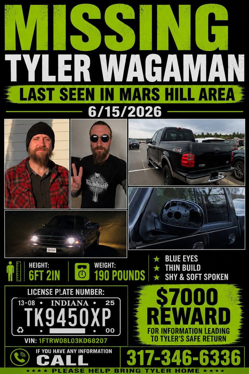 thejohnettecruz's tweet photo. Tyler Wagaman has been missing since 6/15/2026. Please share the information below! @93wibc https://t.co/EzQJjKg1Sa