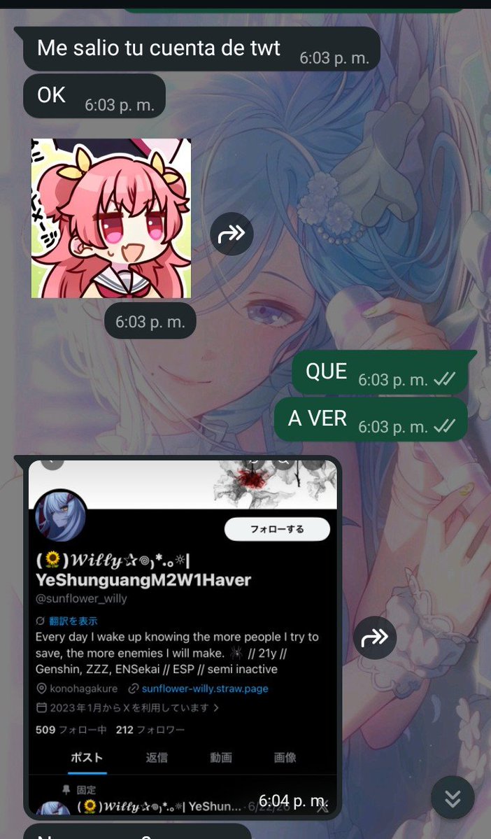 sunflower_willy's tweet photo. a ELLA le spawneo mi cuenta omg que miedo y le dije que no viera nada pero como se que no hará caso ola amor te mando un besote muak https://t.co/gZctvj3axL