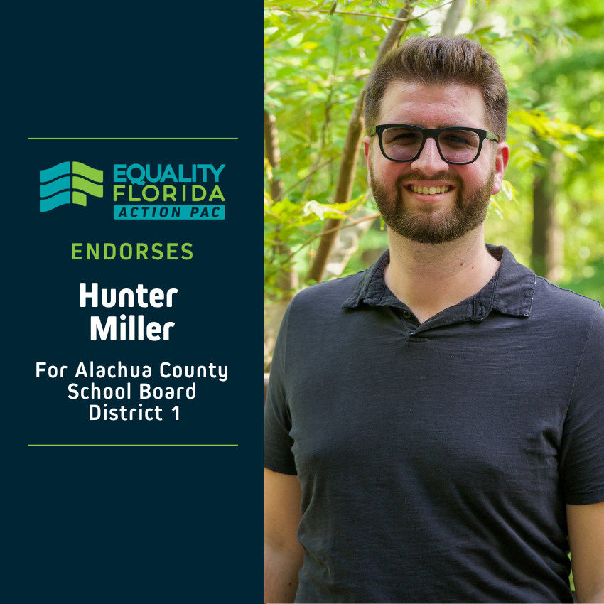 eqfl_actionPAC's tweet photo. EQFL Action PAC endorses Hunter Miller for Alachua County School Board D1!

Paid Political Advertisement paid for by Equality Florida Action PAC, 5257 Amberly Dr., Ste. 382, Tampa, FL 33647, independently of any candidate. This advertisement was not approved by any candidate. https://t.co/CSIO5mh0ro