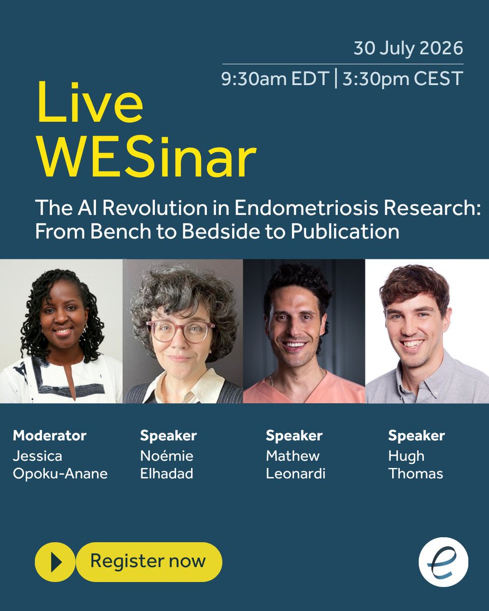 WorldEndoSoc's tweet photo. WESinar: The AI revolution in endometriosis research: from bench to bedside to publication

Moderator Jessica Opoku-Anane; Speakers: @noemieelhadad, @MathewLeonardi &amp; @TheLancet's Hugh Thomas 

30 July 2026

9:30am EDT / 3:30pm CEST

Register: https://t.co/Xq0NbvtXX4 https://t.co/F5G5HmWkoC