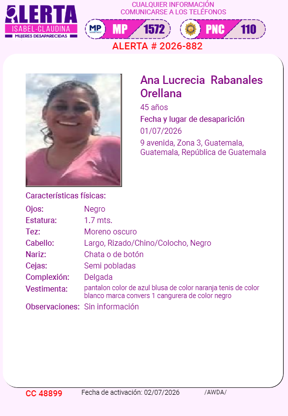 isabel_claudina's tweet photo. #AlertaIsabelClaudina
🚨 Ayúdenos a encontrar
ANA LUCRECIA RABANALES ORELLANA 
Desapareció el 01 de julio del año 2026
Cualquier información comunicarse al teléfono 📞 1572
Gracias por difundir esta información❗ https://t.co/PP6GIe00TD
