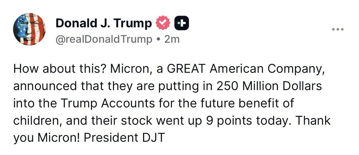 hak32540137's tweet photo. Pretty sure Trump's a fan of Micron 😂

$MU https://t.co/HC1zJV6TS2