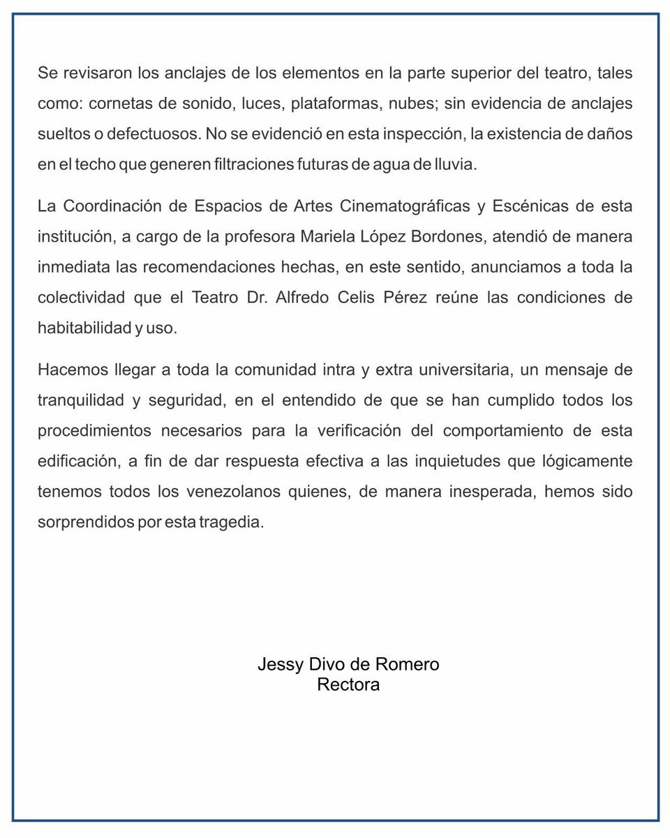UCarabobo's tweet photo. #Comunicado sobre la evaluación técnica de las estructuras del Teatro Dr. Alfredo Celis Pérez. https://t.co/SrMDFLvYBb