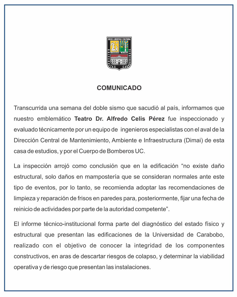 UCarabobo's tweet photo. #Comunicado sobre la evaluación técnica de las estructuras del Teatro Dr. Alfredo Celis Pérez. https://t.co/SrMDFLvYBb