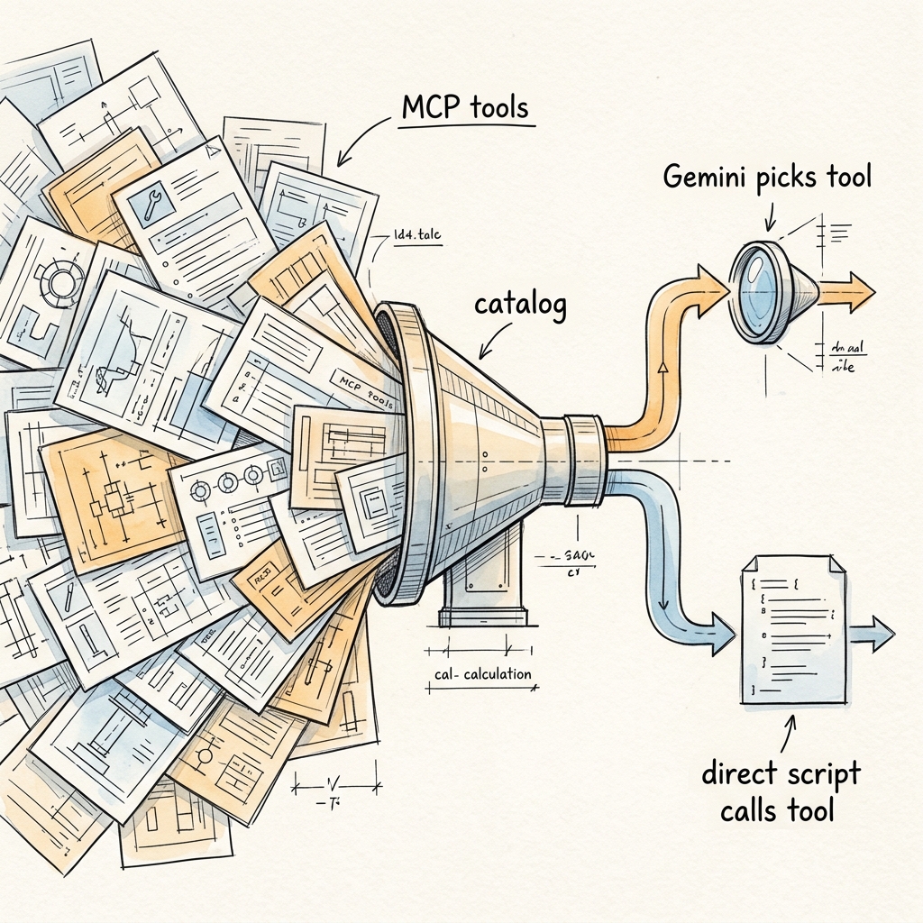 BestAgentKits's tweet photo. ck:use-mcp is for the moment your agent has 40 MCP tools available and zero reason to load all of them into the main context.

it discovers, catalogs, then executes through Gemini or deterministic scripts.

less tool soup. more controlled runs https://t.co/vEayIq7ZlS