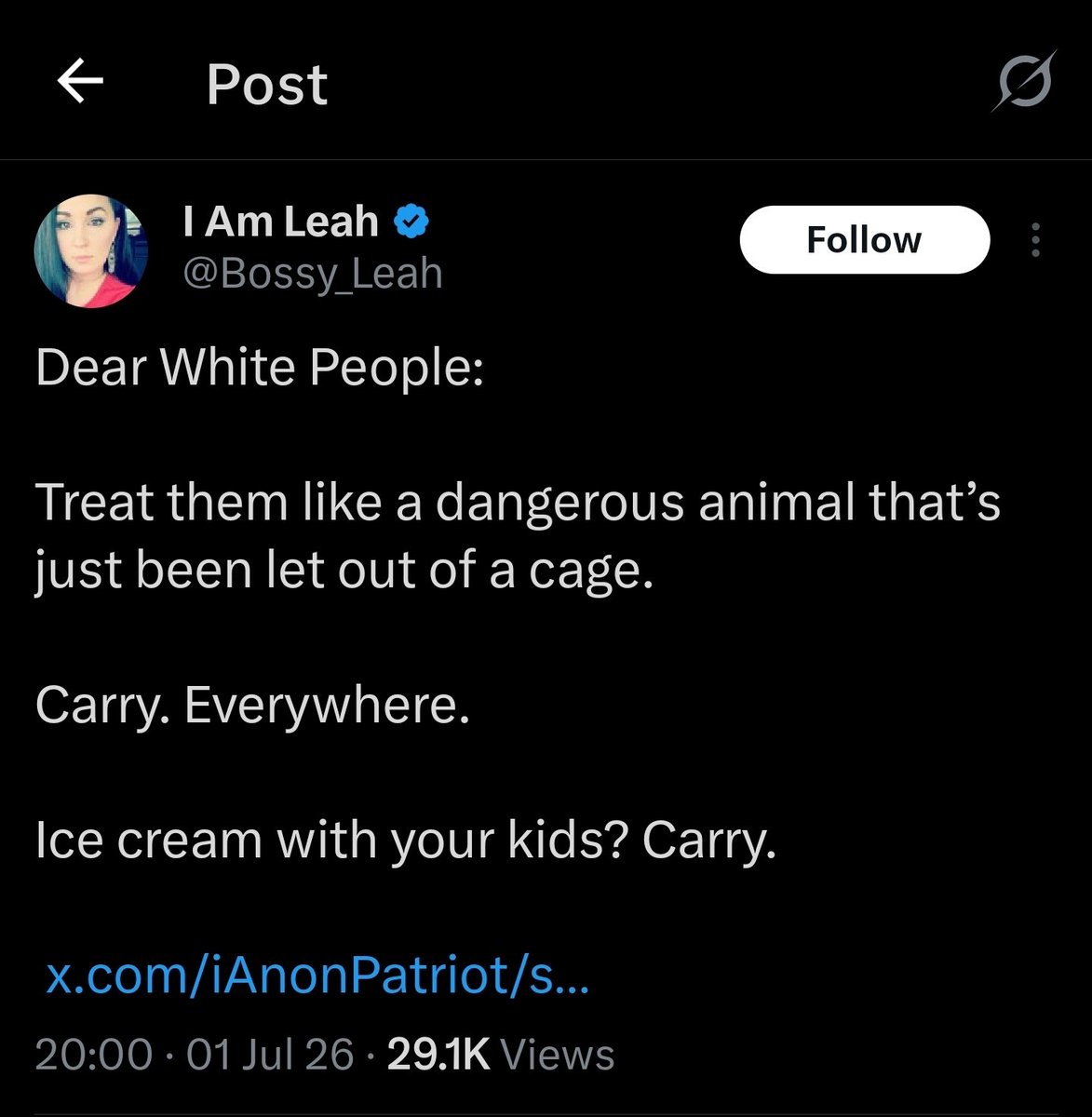 ZoeSinns's tweet photo. I have no interest in finding common ground with someone who views different racial/ethnic groups as "dangerous animals" or "cockroaches" bro fuck off and rot. https://t.co/W8umpmg4ZK