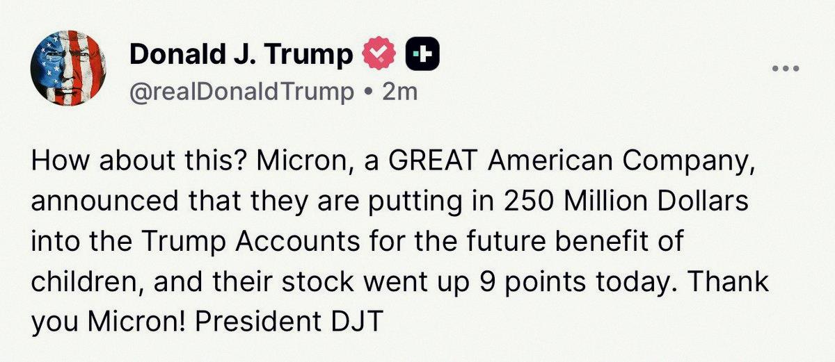 Tu061054's tweet photo. I'm pretty sure Trump is a big fan of Micron 😂

$MU https://t.co/DganHkkTDl