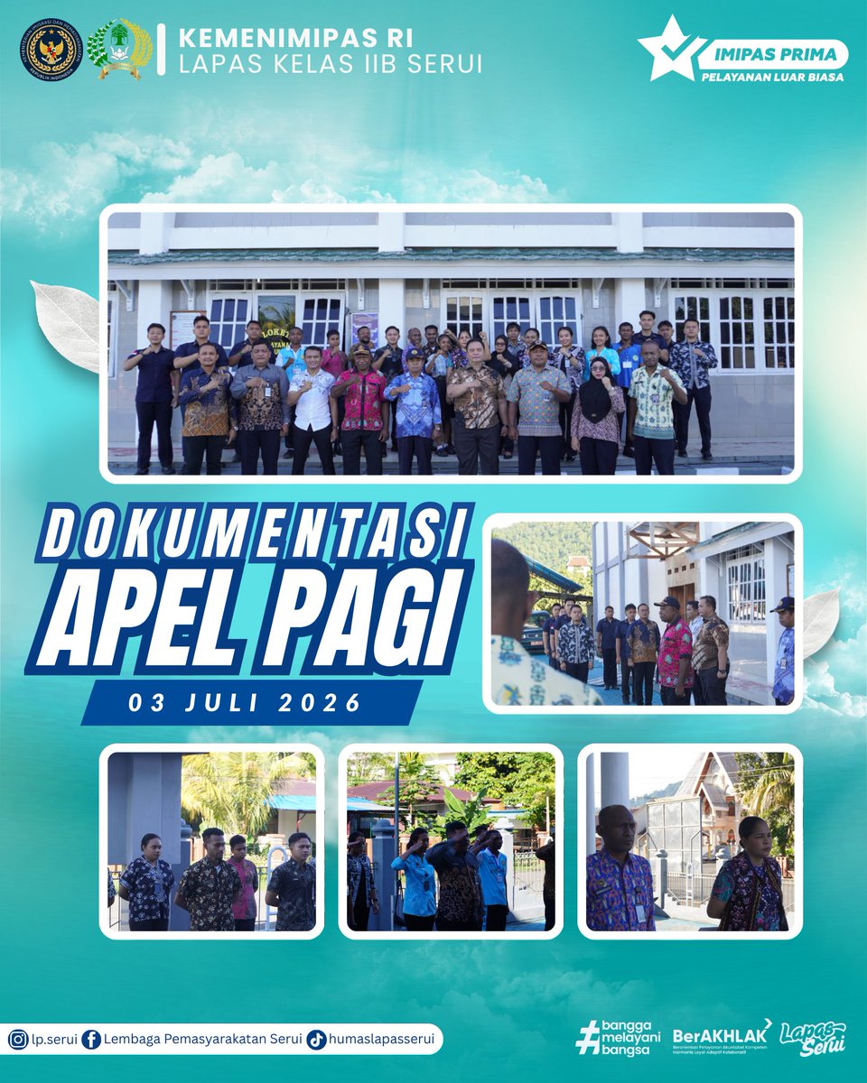 LapasSerui's tweet photo. Kasibinadik Giatja Agustinus Dimara memimpin apel pagi Lapas Kelas IIB Serui. Dalam amanatnya, disampaikan arahan Kakanwil terkait percepatan pelaporan dari setiap seksi dan subseksi guna mendukung kinerja yang akuntabel.

#LapasSerui #Kemenimipas #Pemasyarakatan https://t.co/FJVXfEHkii