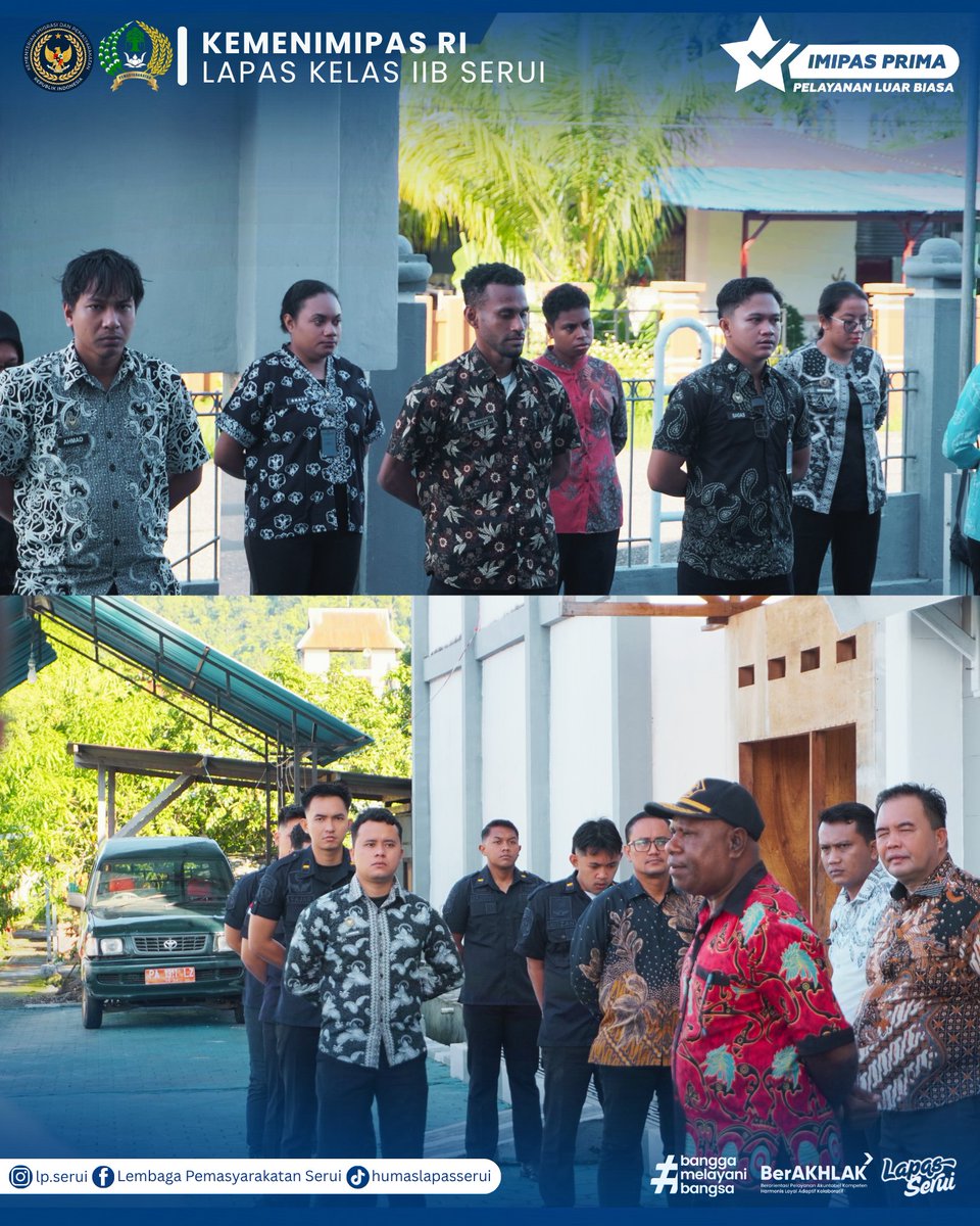 LapasSerui's tweet photo. Kasibinadik Giatja Agustinus Dimara memimpin apel pagi Lapas Kelas IIB Serui. Dalam amanatnya, disampaikan arahan Kakanwil terkait percepatan pelaporan dari setiap seksi dan subseksi guna mendukung kinerja yang akuntabel.

#LapasSerui #Kemenimipas #Pemasyarakatan https://t.co/FJVXfEHkii
