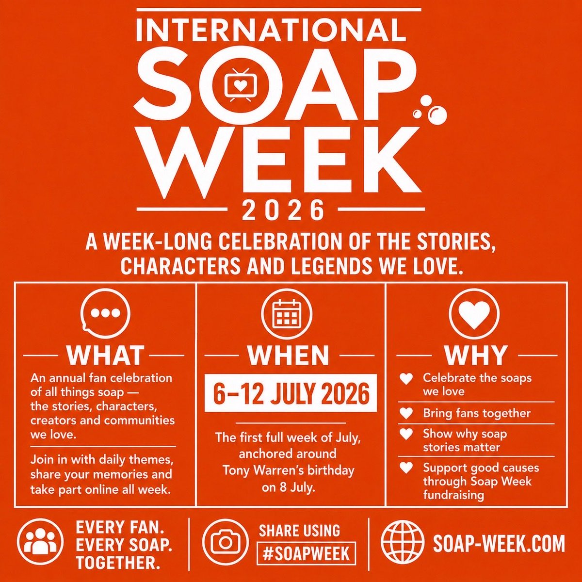 ConversationStr's tweet photo. Soap Week is nearly here! A week long celebration of our favourite stories, characters, actors, and talents! Check out https://t.co/ckZ5wtkoYv for more. ❤️❤️ https://t.co/4nzKfzKLYw