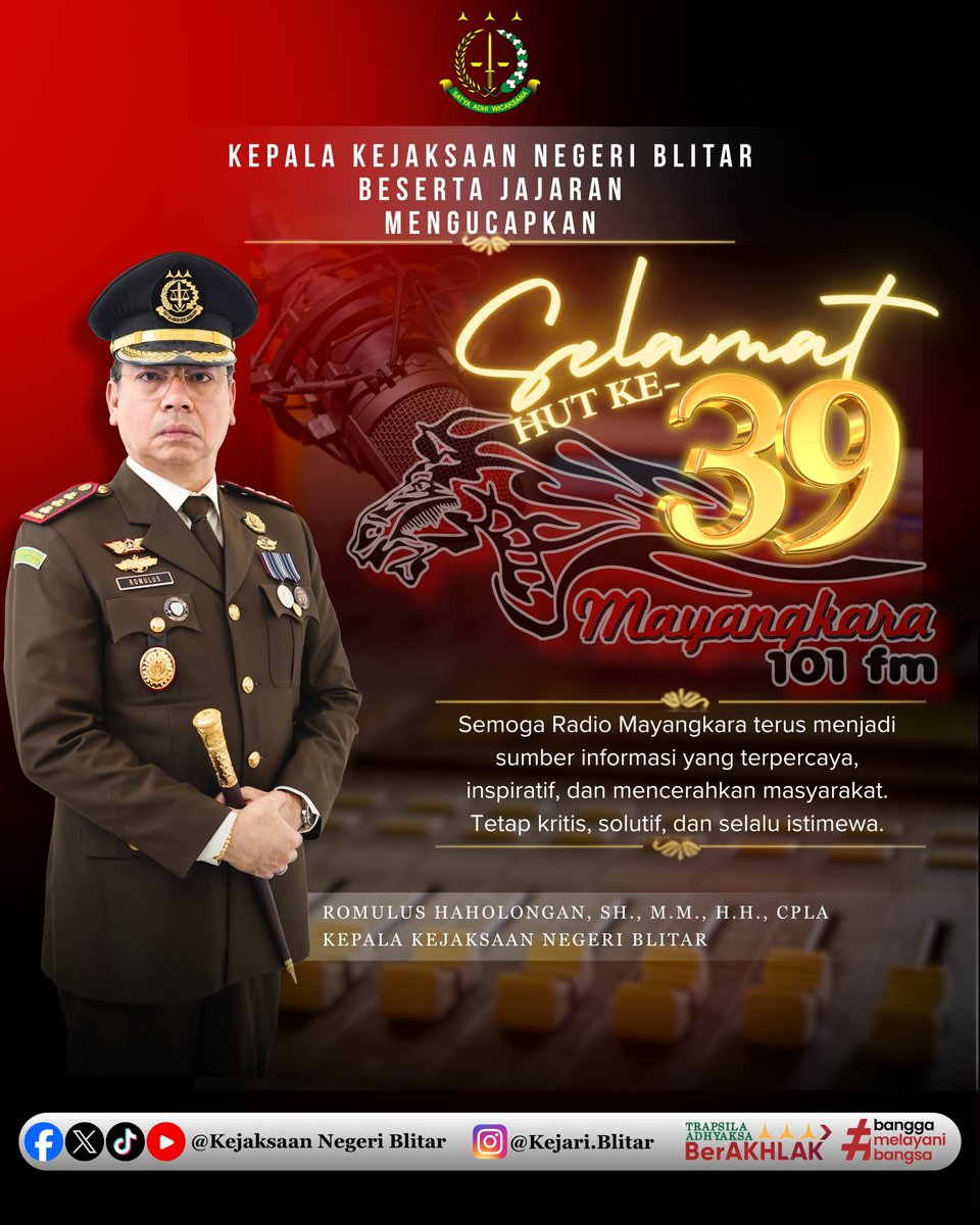 KejariBlitar's tweet photo. Kepala Kejaksaan Negeri Blitar, Romulus Haholongan, S.H., M.M., M.H., CPLA, beserta jajaran mengucapkan selamat Hari Ulang Tahun Ke-39 Radio Mayangkara 101 FM. https://t.co/9wNOIjlKdr