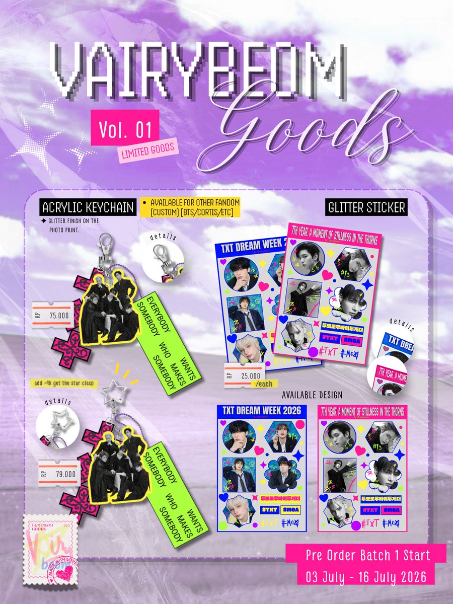 vairybeom_GO's tweet photo. 𝐕𝐀𝐈𝐑𝐘𝐁𝐄𝐎𝐌 𝐆𝐨𝐨𝐝𝐬 — Vol. 01 🩷

Our very first collection is officially open for pre-order!

This collection features:

✦ Acrylic Keychain (with special glitter finish on the photo print) [AVAILABLE FOR OTHER FANDOM (custom)]

✦ Glitter Sticker https://t.co/vcg5JxbhbJ