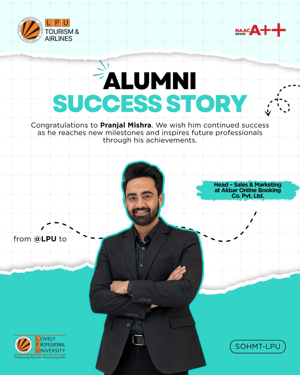 LPUTourism's tweet photo. From Classroom to Corporate Leadership!

We are proud to spotlight our distinguished alumnus, Pranjal Mishra, Head – Sales & Marketing at Akbar Online Booking Co. Pvt. Ltd., part of the Akbar Group, one of India's oldest and most trusted travel companies with a legacy spanning over four decades.

His professional journey reflects the excellence of Lovely Professional University in nurturing industry-ready talent and developing future leaders for the travel, tourism, hospitality, and aviation sectors.

Congratulations, Pranjal! Your achievement is a source of pride for the LPU community and an inspiration for aspiring tourism professionals.

Admissions Open | Build your future with industry-focused education, experiential learning, global exposure, and a strong placement ecosystem at Lovely Professional University.

Choose BBA Tourism Hospitality and Event Management at LPU

#LPU #lputourismairlines #LPUAlumni #LPUPlacements #StudyAtLPU