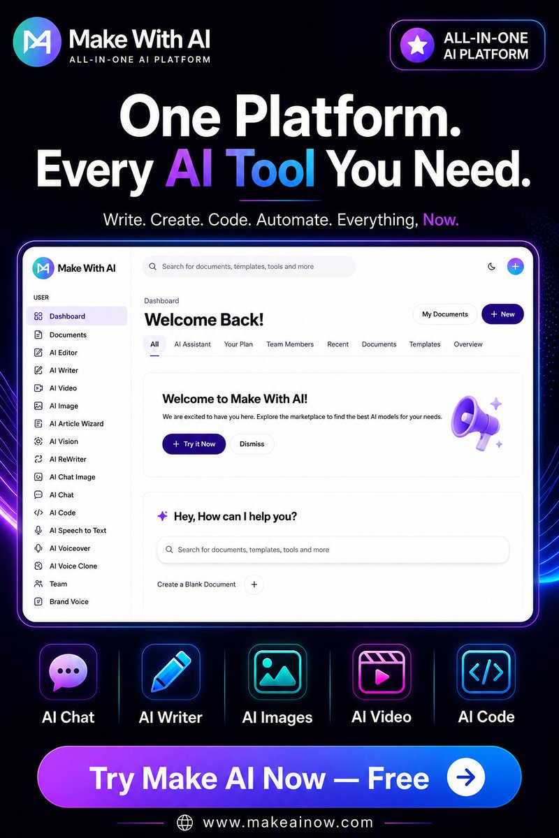 makeainow's tweet photo. The future of AI isn't using more tools.

It's using the right platform.

🚀 Try Make AI Now — Free

🌐 https://t.co/Ip5bQNVvcE

#AI #AITools #Tech #Productivity #Innovation https://t.co/cqrSNbWolP
