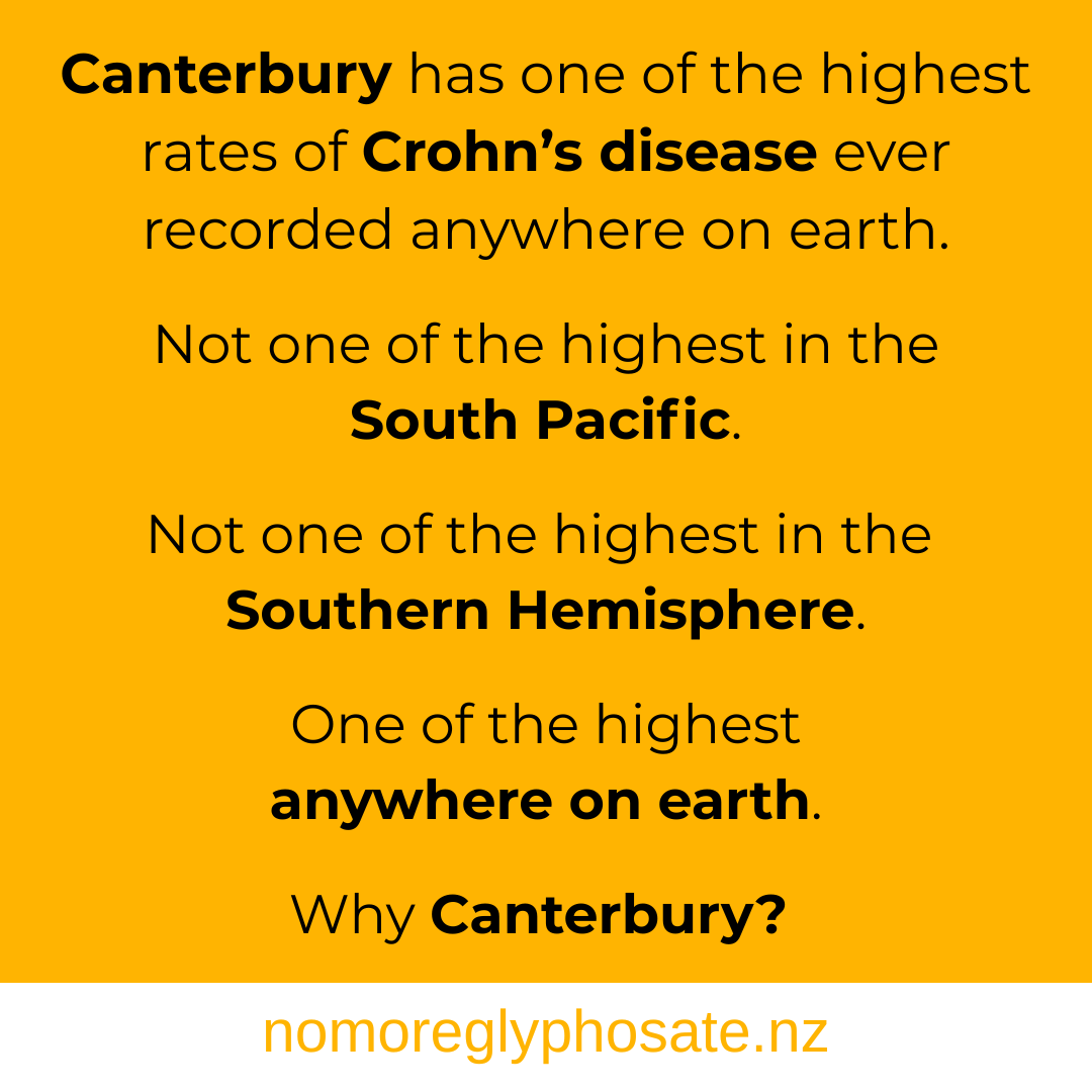 NoGlyphosateNZ's tweet photo. Canterbury has one of the highest rates of Crohn's disease ever recorded anywhere on earth.

Not one of the highest in the South Pacific.
Not one of the highest in the Southern Hemisphere.
One of the highest anywhere on earth.

One in every 150 Canterbury residents now lives with inflammatory bowel disease. Cases have nearly tripled since 2006. Nationally, ~20,000 New Zealanders have IBD, projected to exceed 40,000 by 2045. New Zealanders with IBD die at a rate 69% higher than the general population.

Gastroenterologists say they're "surprised" by the trajectory. Genetics can't explain a rise this fast.

We're not claiming glyphosate causes IBD — the evidence doesn't support that. But a 2026 study found glyphosate at the regulatory "safe" level worsened colitis in mice by disrupting gut bacteria and activating an inflammatory pathway already targeted by IBD drugs. That's a real, biologically plausible mechanism.

New Zealand is one of the heaviest glyphosate users in the developed world. Our residue limits were built to catch acute toxicity — not chronic effects on the gut microbiome.

So we're asking a simple question: is anyone actually investigating this?

@SimeonBrownMP — as Minister of Health, is IBD's rise in NZ, and its possible environmental drivers, on your radar?

@TeWhatuOra — you hold the diagnostic data on IBD across the country. Has anyone cross-referenced it against agricultural chemical exposure?

@MPI_NZ @toddmcclaymp — does MRL-setting for glyphosate account for gut microbiome effects at all? Will you commission research into agricultural chemical exposure as a factor in NZ's IBD epidemic?

The data infrastructure already exists to answer this. 

What's missing is the will to ask the question.

Full investigation ⬇️