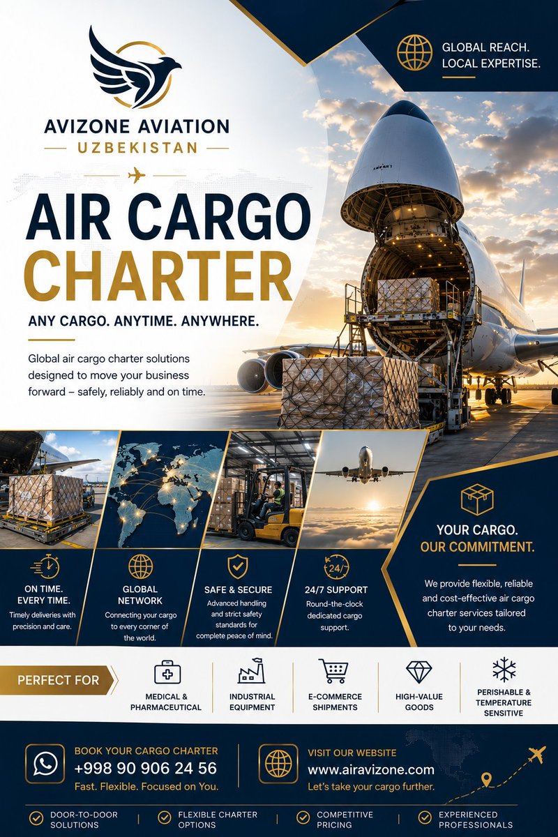 avizoneinternal's tweet photo. 🚀 Move Your Cargo with Confidence!

From urgent shipments to oversized cargo, Air Avizone provides dependable air cargo charter solutions across the globe.

📞 Contact us today: +998 90 906 24 56
🌐 https://t.co/cf5u1ujvky
Any Cargo. Anytime. Anywhere.
#AirCargo #CargoCharter https://t.co/ImvMhn3v1o