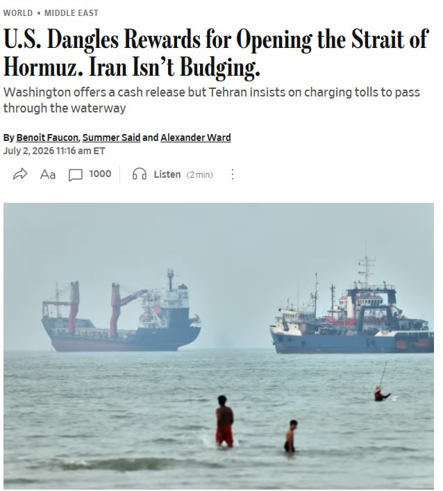 Glenn_Diesen's tweet photo. U.S. offers to return some of Iran's frozen assets if Iran gives up what it gained in the war - control of the Strait of Hormuz. This is another example of Washington attempting to renegotiate the MoU. https://t.co/XSy6P1Ka1a