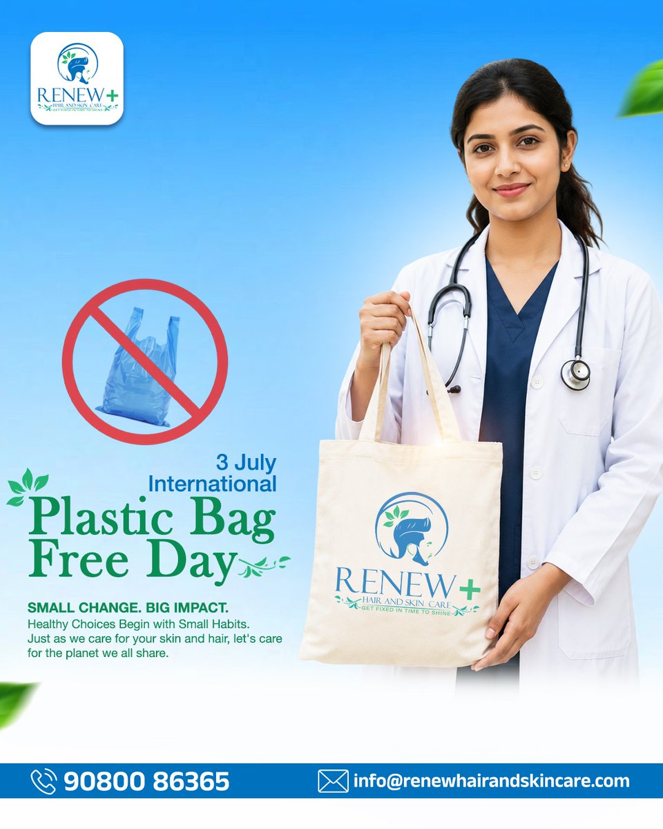 Renewplus_HS's tweet photo. ๐ Every small eco-friendly choice creates a healthier future. This #PlasticBagFreeDay, choose reusable bags and embrace a healthier lifestyle for yourself and the planet. ๐
๐ https://t.co/aEXYUWYXpy
#PlasticBagFreeDay #RenewPlus #HairCare #SkinCare #HairClinic #SkinClinic https://t.co/ho0IuAbWD5