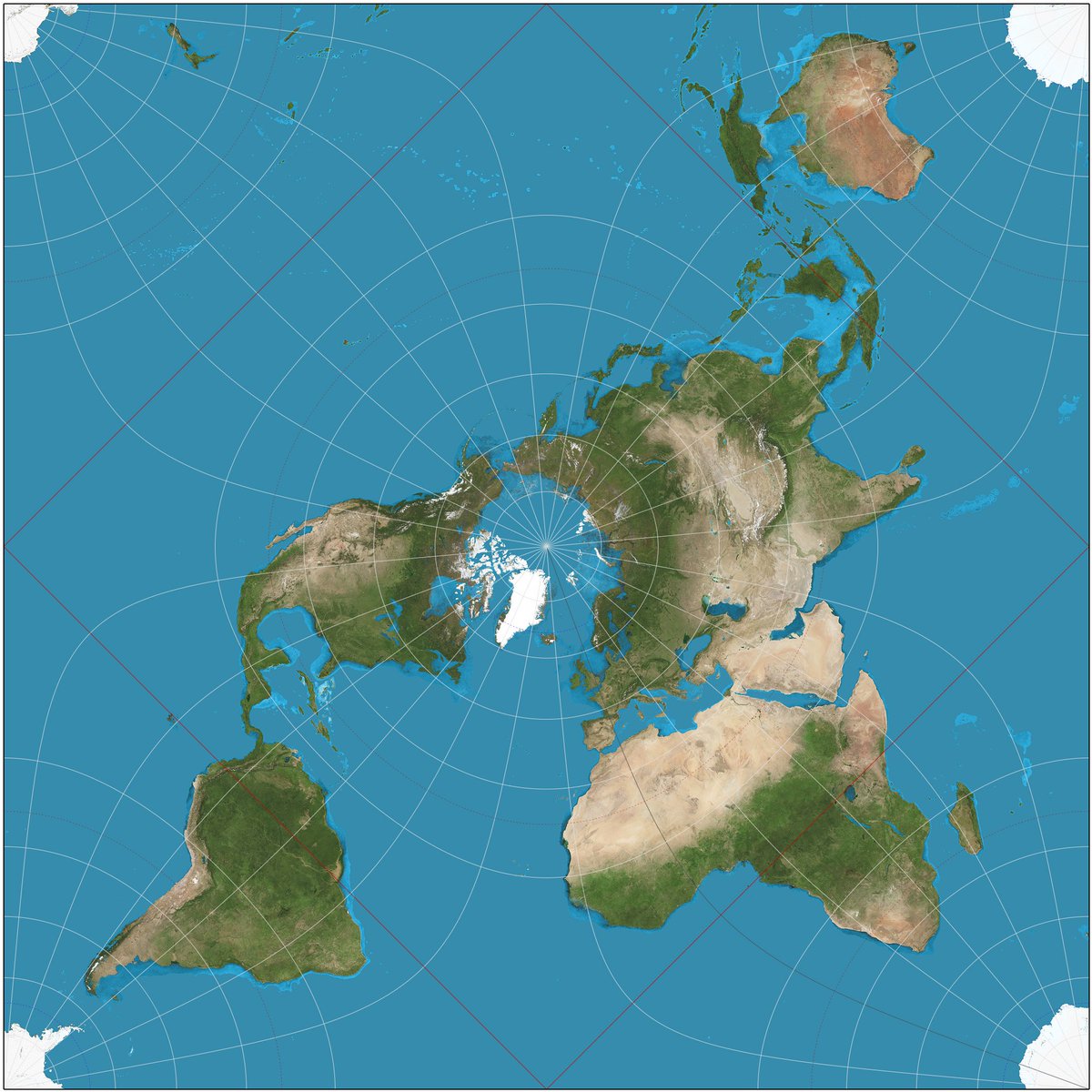 wandlearner's tweet photo. @Civixplorer The Peirce Quincuncial projection is one of my favorites.

Not only is it polar-centric with relatively little distortion of the land (so long as the four points of maximum distortion are chosen well), but it can be tiled indefinitely. https://t.co/2SHuhbY5lA