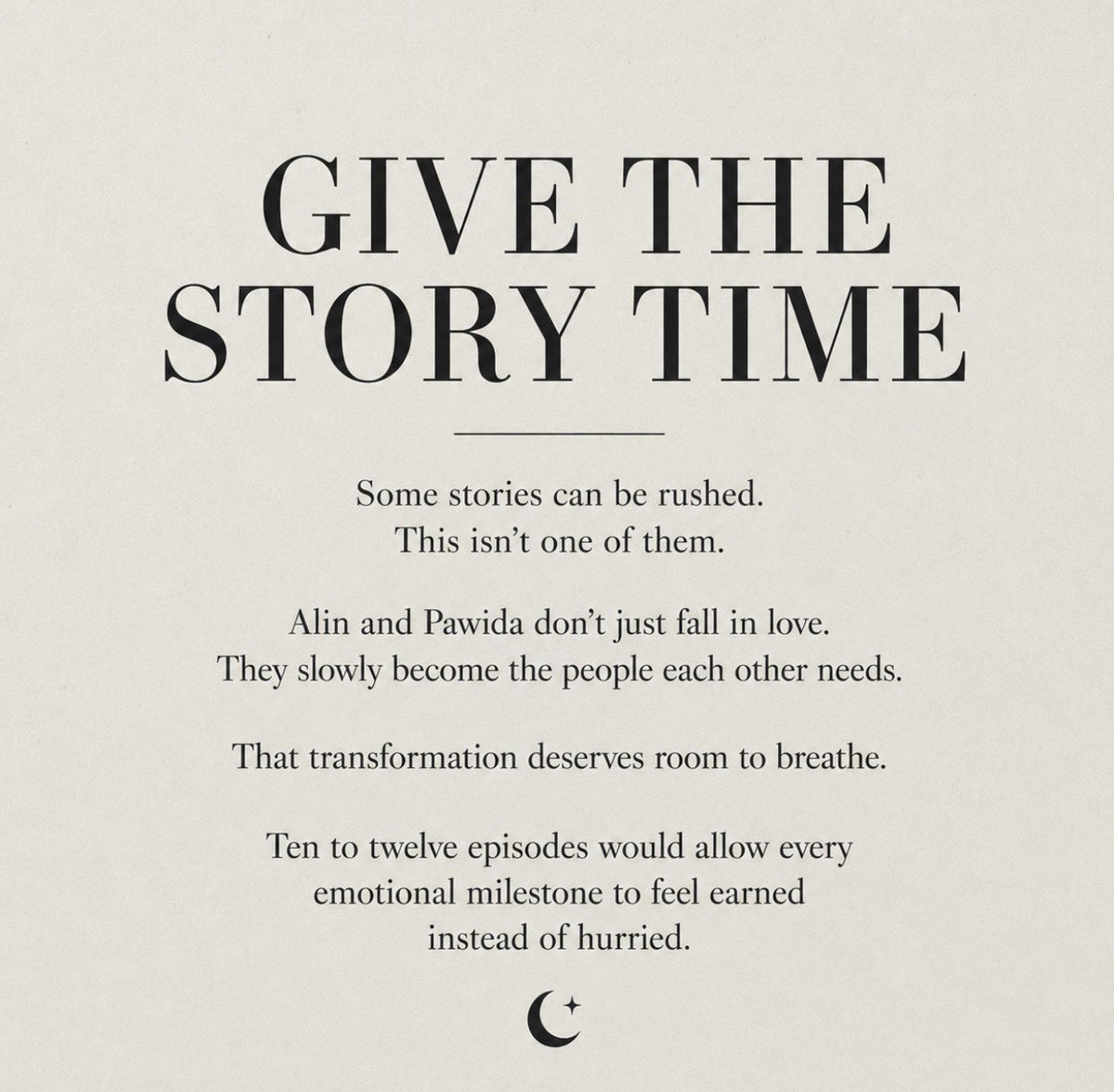 ginjtwtbooster's tweet photo. GIVE THE STORY TIME 

Consider Twelve Episodes

There is simply too much emotional material here to rush.

An eight or ten-episode structure risks sacrificing character development and emotional payoff.

A twelve-episode run would allow the romance, conflicts, supporting arcs, and world-building to unfold naturally while giving key moments the space they deserve.

#LunarSecret #GinJay #จินเจ #ginnynatnicha #aangelinaass