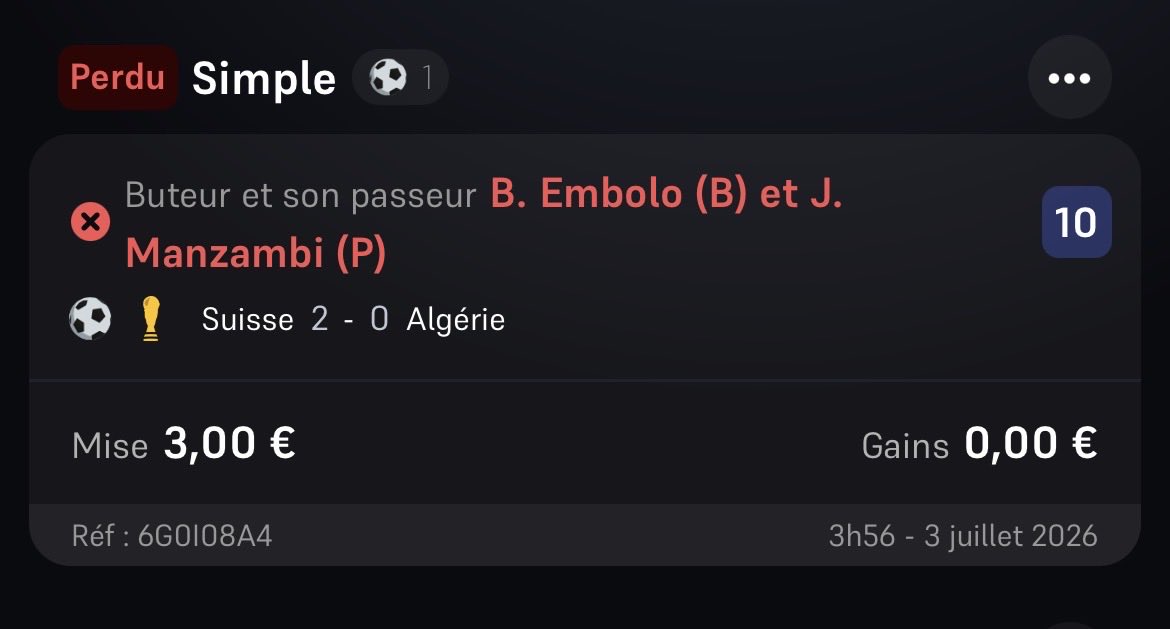 arcslaolge's tweet photo. Bonjour @WinamaxSport, pourquoi sur ce pari je n’ai pas été payé alors que sur le site de la fifa on voit bien que manzambi a fait une passe décisive à Embolo ? 
Preuve à l’appui https://t.co/GFF7Tpbr3f