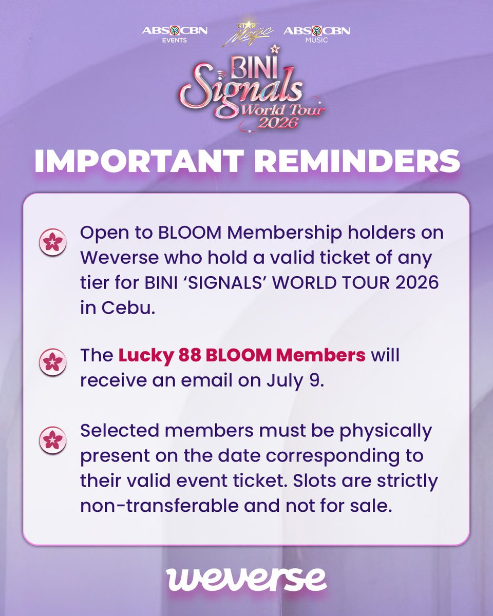 BINI_ph's tweet photo. Ce-BLOOM Members, ready to make your Signals experience even more unforgettable?🤩📡

Are you a valid ticket holder of ANY TIER for the BINI Signals World Tour in Cebu? You could be one of the Lucky 88 BLOOM Members to join the Hi-Bye session on July 11! 💝

Don’t miss your chance, head to BINI Weverse and register now! ✨ For more information, click here!
🔗https://t.co/hYZKl4oESi

#BINI #BINI_SIGNALS_WORLDTOUR_2026 #BINI_SIGNALS_CEBU #BINI_BLOOMMembership