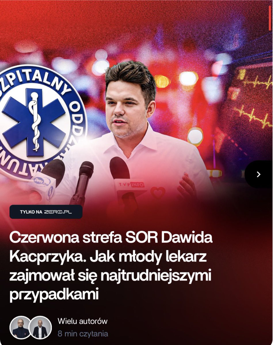 PatrykSlowik's tweet photo. ❗️ Niedoświadczony lekarz zajmował się w Warszawskim Szpitalu Południowym najpoważniejszymi przypadkami. Efekt? Czterech rozmówców @portalzeropl potwierdza relację byłego ordynatora chirurgii Emila Jędrzejewskiego, że Dawid Kacprzyk uczył się zawodu na ludziach. Eksperci od medycyny ratunkowej uważają, że to wina nie tylko młodego medyka, lecz także władz szpitala.
1️⃣ 28-letni Dawid Kacprzyk pracował na tzw. czerwonej strefie szpitalnego oddziału ratunkowego Warszawskiego Szpitala Południowego, a także na czerwonej strefie Mazowieckiego Szpitala Bródnowskiego. To miejsca, na które trafiają najpoważniejsze przypadki.
2️⃣ Lekarze pracujący z "czerwonymi" pacjentami, czyli osobami w bezpośrednim zagrożeniu życia, powinni być doświadczonymi medykami. Aby swobodnie wykonywać swoje obowiązki w tym miejscu, potrzeba co najmniej kilku lat przyuczenia.
3️⃣ – Nigdy nie spotkałem się z tym, aby niedoświadczony lekarz samodzielnie wykonywał najpoważniejsze czynności w czerwonej strefie – mówi dr n. med. Piotr Kowalewski, chirurg ze Szpitala w Legionowie Wojskowego Instytutu Medycznego, członek Europejskiego Towarzystwa Chirurgii Urazowej i Ratunkowej.
4️⃣ Czworo rozmówców @portalzeropl potwierdza słowa Emila Jędrzejewskiego, że Kacprzyk w Szpitalu Południowym uczył się wykonywania zawodu na ludziach.
Tekst @JakubStyczynski i mój.