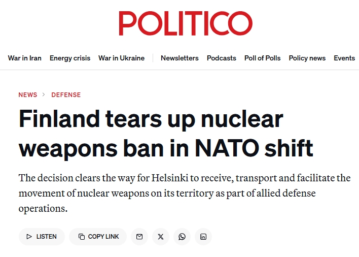 Glenn_Diesen's tweet photo. Finland changed its laws and can now receive, transport, and facilitate the movement of nuclear weapons on its territory. As these nuclear weapons are aimed at Russia, Medvedev has announced that Finland has been placed on the list of targets for Russian nuclear weapons. https://t.co/uNSg1ZngFI