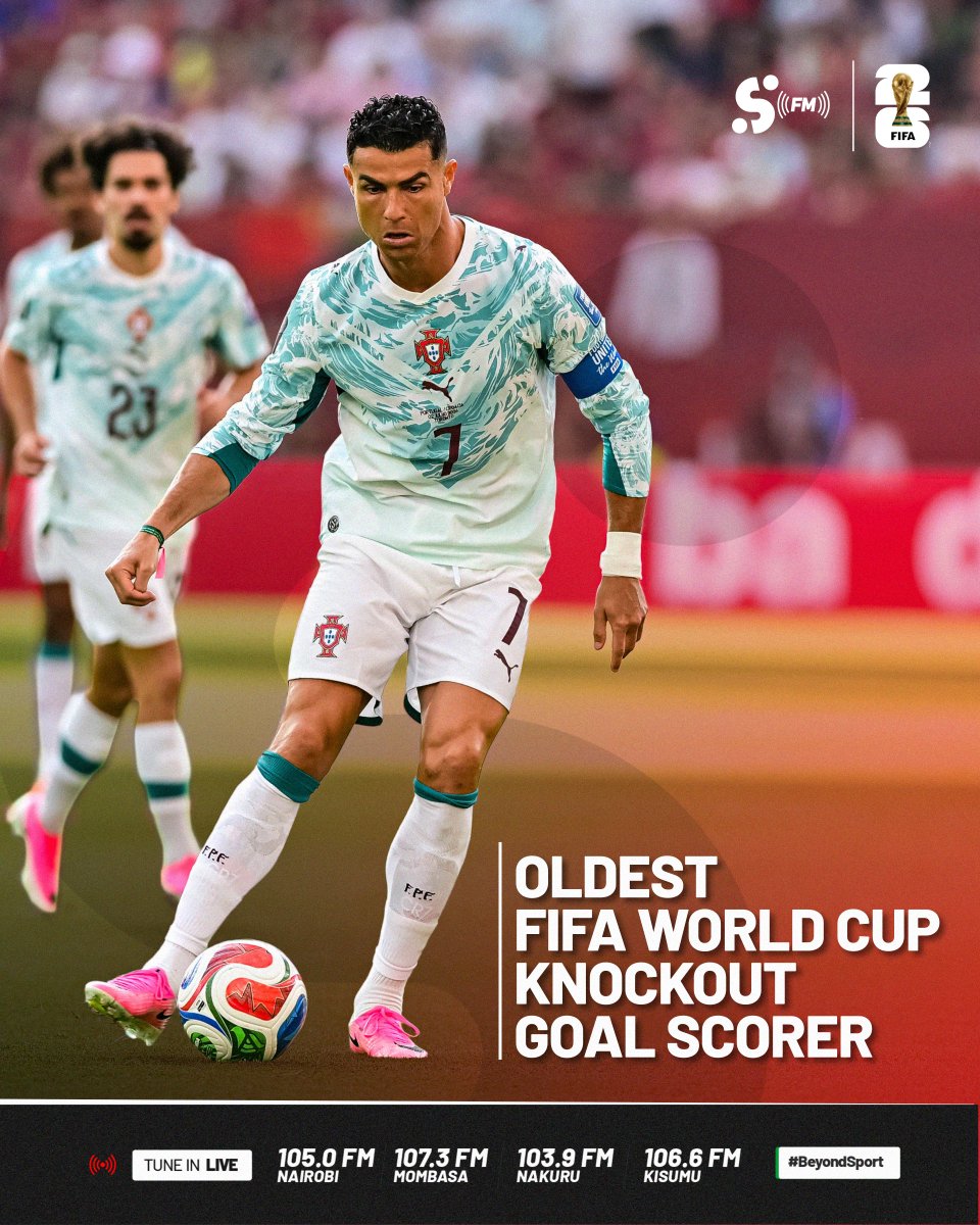 SportyFMKE's tweet photo. Age is just a number. ๐ Cristiano Ronaldo becomes the oldest goal scorer in FIFA World Cup knockout history. Is there anything he can't do?
#SportyFMKE
#BeyondSport
#TheKickOff
#FIFAWorldCup2026 https://t.co/DjTznwAS6b
