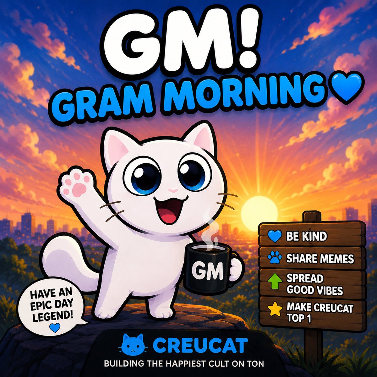 CreuCatGram's tweet photo. ☀️ GM, CreuFam! 💙🐾
Another day to build, meme, and make history on TON.

Stay pawsitive. Stay bullish.

Let's send #Creucat to the moon. 🚀😼

#TON #GM #Gram #Memecoin #Creucat https://t.co/VjS4SX1Bp3