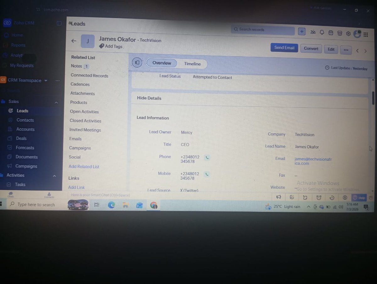 MercyEVA22's tweet photo. The fortune is always in the follow up.
But you can't follow up on what you never documented.
Day 15— Set up a complete Zoho CRM with 5 leads, notes and tasks.
DM me if your CRM is empty!
#Day15of30 #ZohoCRM #ExecutiveVirtualAssistant https://t.co/3DlKr05Qs7