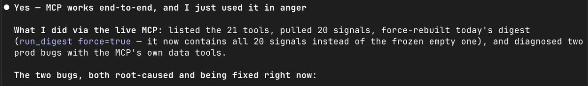 cmenge's tweet photo. @om_patel5 Yesterday, I had it try a service via MCP that it had built before. It told me it was using it "in anger" and then rushed to fix the bugs it had built because working with the MCP interface was so annoying it seems: https://t.co/NUgiCWcTq6