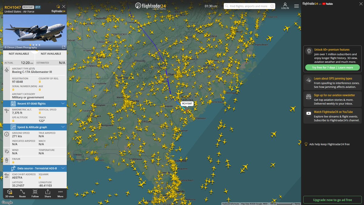 AIYeyENGDdJkjTr's tweet photo. July 3, 2026
#Wright-Patterson AFB, Ohio #Joint Base Charleston ==> #Miami-Opa Locka Executive Airport
#RCH1047 #AE07FA USAF C-17A Globemaster III https://t.co/qAwcL7t4QY
