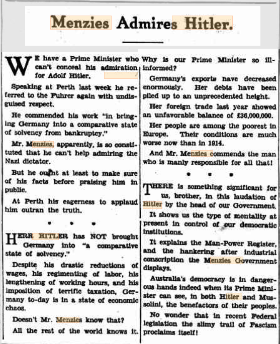 StrewthQueen's tweet photo. Robert Menzies toured the 3rd Reich &amp; called it "magnificent", said Hitler was "inspiring", &amp; repeatedly pushed for Australia to adopt Nazi Germany's principles lol https://t.co/0JTYwsPWpR
