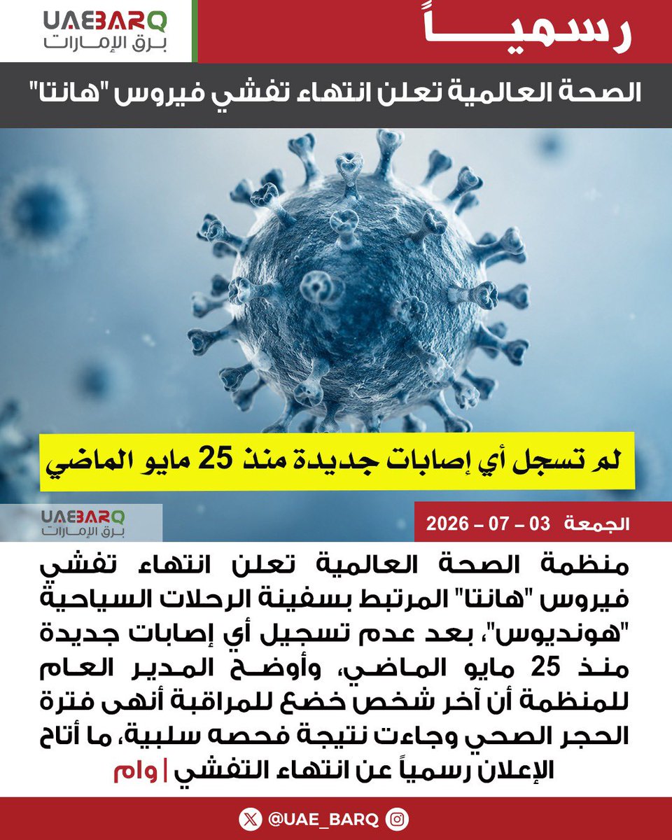 UAE_BARQ's tweet photo. الصحة العالمية تعلن انتهاء تفشي فيروس "#هانتا" | وام 

#برق_الإمارات https://t.co/AtPCr8uWgO