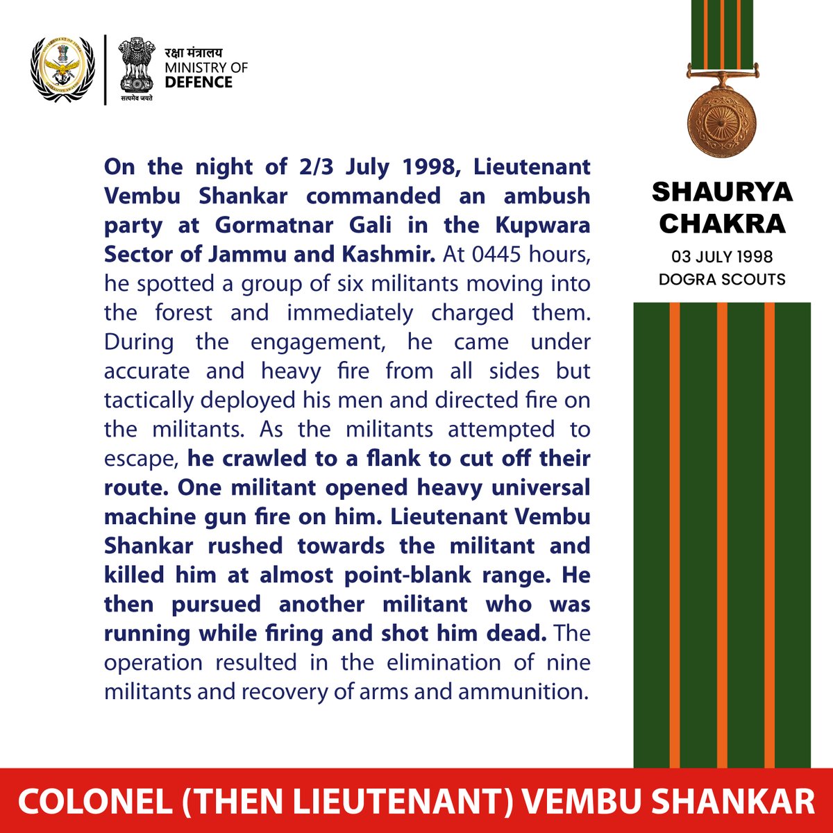 GallantryAward's tweet photo. On 03 July 1998, during an ambush at Gormatnar Gali in Kupwara Sector, Lieutenant Vembu Shankar charged a group of six militants. Despite coming under heavy fire, he deployed his men and engaged the militants. He then moved to a flank to block their escape, killed one militant at point-blank range, and chased and shot dead another fleeing militant. He was awarded #ShauryaChakra

#GallantryAwards #GallantryAwardsPortal #indianarmy