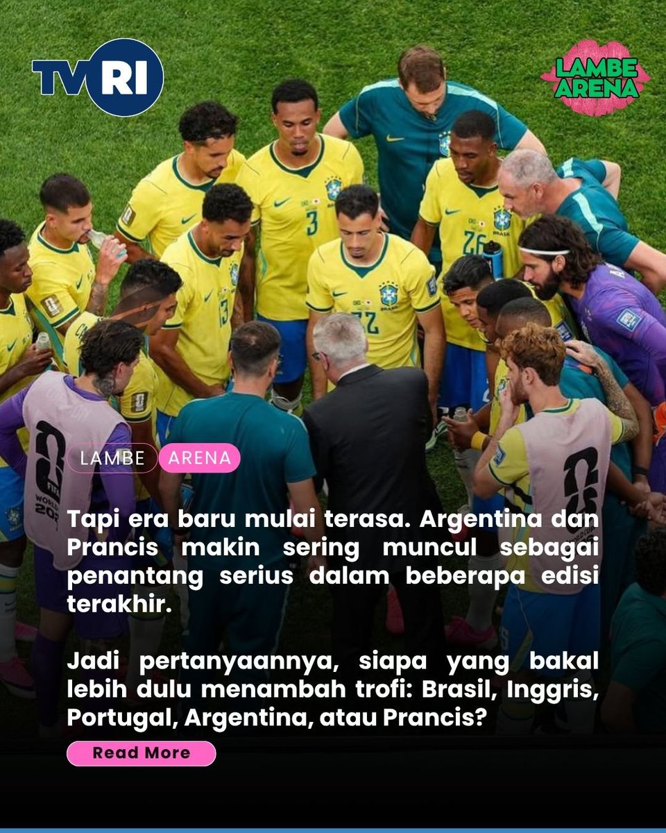 LambeArena's tweet photo. Brasil masih jadi raja Piala Dunia dengan 5 trofi. Tapi Jerman, Italia, Argentina, dan Prancis terus mengintai. Siapa yang paling mungkin mengejar takhta Brasil? 🏆⚽ https://t.co/wxaPxRLsov