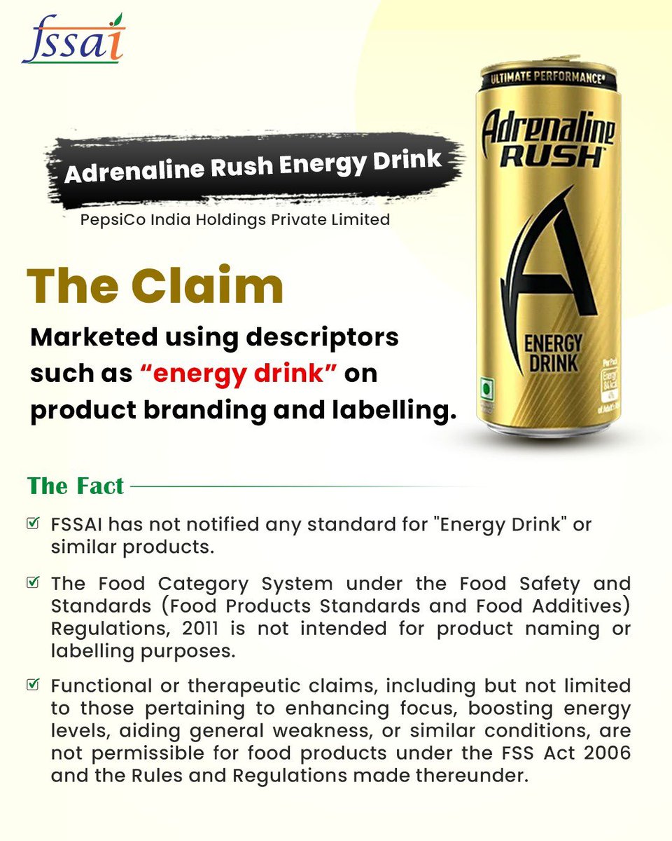 fssaiindia's tweet photo. FSSAI has issued notices to several beverage brands claiming to be ‘energy drinks’ for misbranding and misleading claims.
#FSSAINotice  #MisleadingClaims https://t.co/CdbMMcf8KH