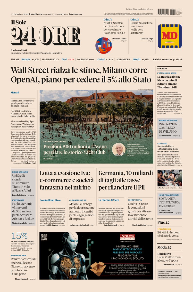 sole24ore's tweet photo. Sulla prima pagina de #IlSole24Ore di oggi, venerdì #3luglio. #WallStreet rialza le stime. Lotta a #EvasioneIva: e-commerce e società fantasma nel mirino. #Germania, 10 miliardi di tagli alle tasse per rilanciare il Pil.

#BuonaLettura #PrimaPagina https://t.co/rzrSqOvVLK