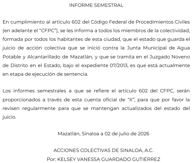 ACSinaloa's tweet photo. Les compartimos el informe semestral, relativo al juicio de acción colectiva difusa presentado contra la JUMAPAM, por los actos de contaminación generados con motivo de la operación de la planta tratadora de aguas residuales El Crestón https://t.co/W16eKICWrT