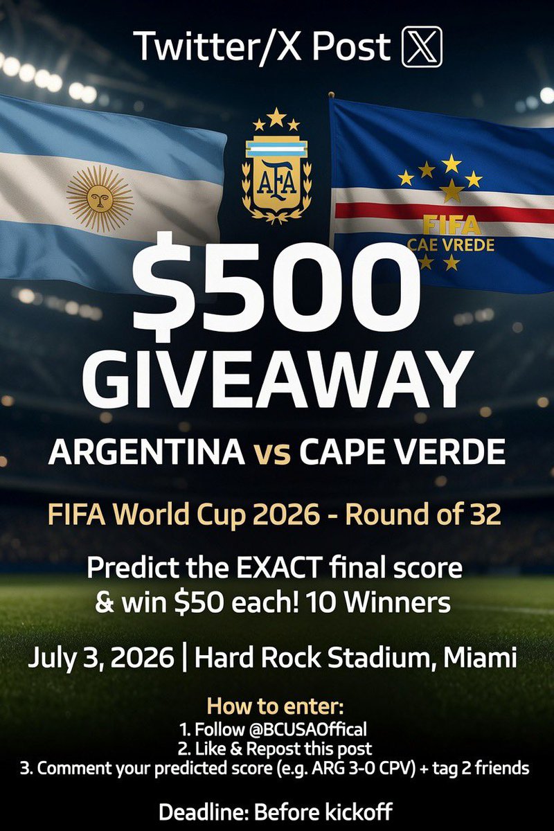 BCUSAOffical's tweet photo. 🚨 $500 GIVEAWAY – ARGENTINA vs CAPE VERDE 🚨

FIFA World Cup 2026 • Round of 32
Hard Rock Stadium, Miami • July 3, 2026

Predict the EXACT final score and win $50 USDT each! 
10 Winners 🏆

How to enter:
1️⃣ Follow @BCUSAOffical
2️⃣ Like + Repost this post
3️⃣ Comment your predicted score (e.g. Argentina 3-0 Cape Verde or ARG 3-0 CPV)
4️⃣ Tag 2 friends who love football or crypto

Deadline: Before kick-off

Winners = 10 earliest + most accurate predictions 
(Exact score first → closest goal difference → earliest comment)

Paid in USDT within 24-48h after announcement ✅

Good luck! Drop your prediction below 👇

#WorldCup2026 #Argentina #CapeVerde #Giveaway #Crypto