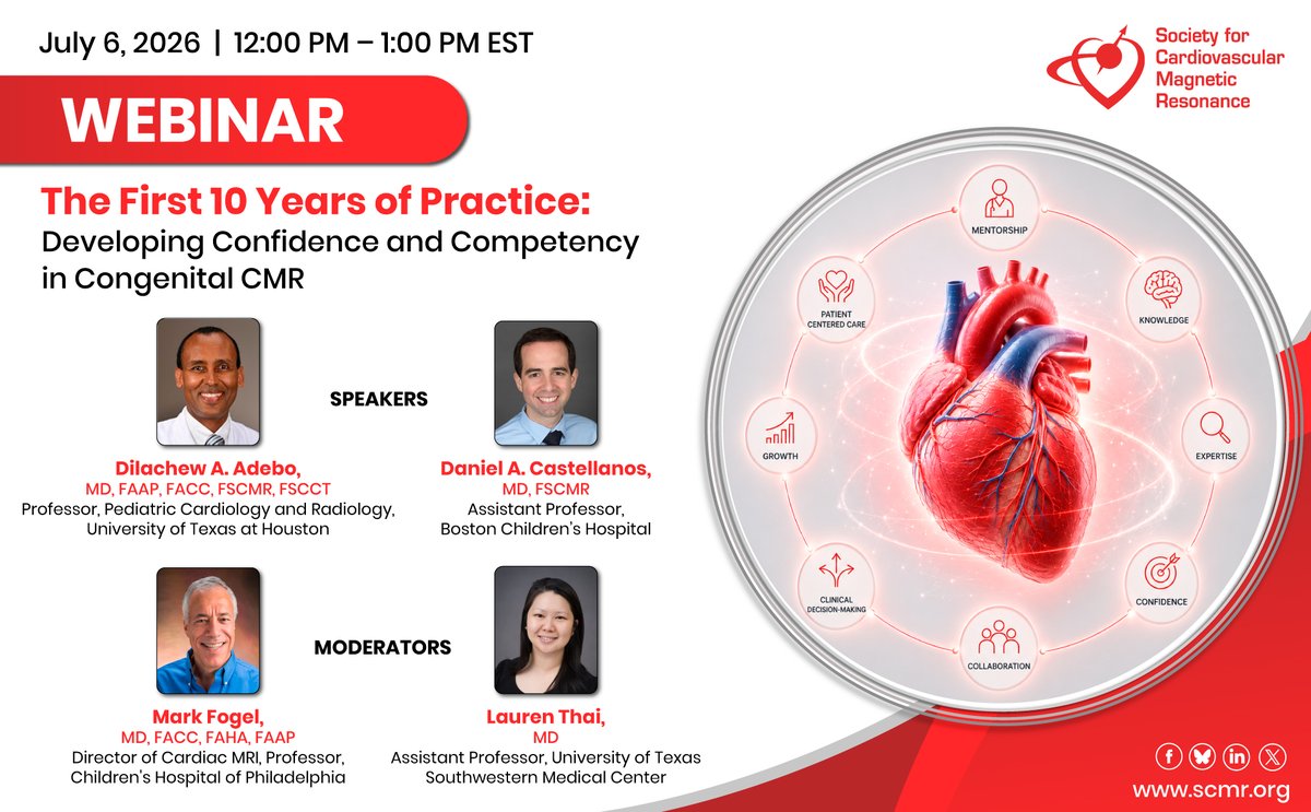 SCMRorg's tweet photo. 🫀 Early-career in congenital #CMR?

Join us on July 6 for The First 10 Years of Practice: Developing Confidence and Competency in Congenital CMR!

📅 July 6, 2026 | 12 PM EST
🔗 Register: https://t.co/qAasgWokWg

#CardiacMRI #SCMR #Cardiology #MedicalEducation https://t.co/jILvi9W9Vb