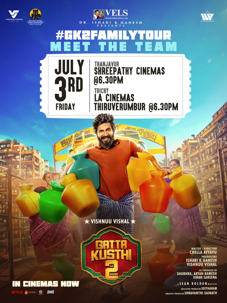 johnrajiahP's tweet photo. Starting off the #GK2FamilyTour ❤️🚙

Catch team #GattaKusthi2 today at Thanjavur @shreepathytnj and Trichy @LACinemaTrichy_. Book your tickets now!

Produced by @VelsFilmIntl &amp; @VVStudioz.

A film by @ChellaAyyavu.
A @RSeanRoldan musical.

@IshariKGanesh @TheVishnuVishal https://t.co/5mFEK26xNS