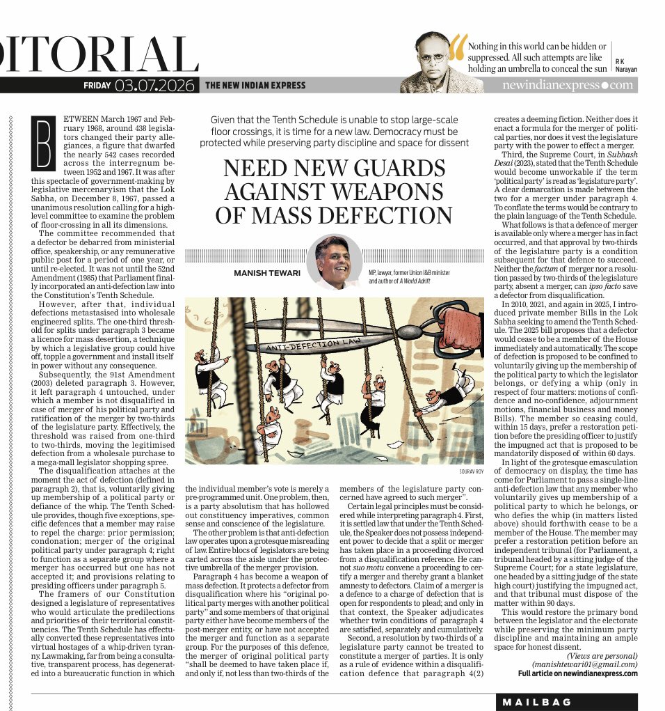 ManishTewari's tweet photo. WHY INDIA NEEDS A NEW ANTI DEFECTION LAW NOW !

My take : 

https://t.co/aOkgHUzxZX https://t.co/sbubXBSDAU