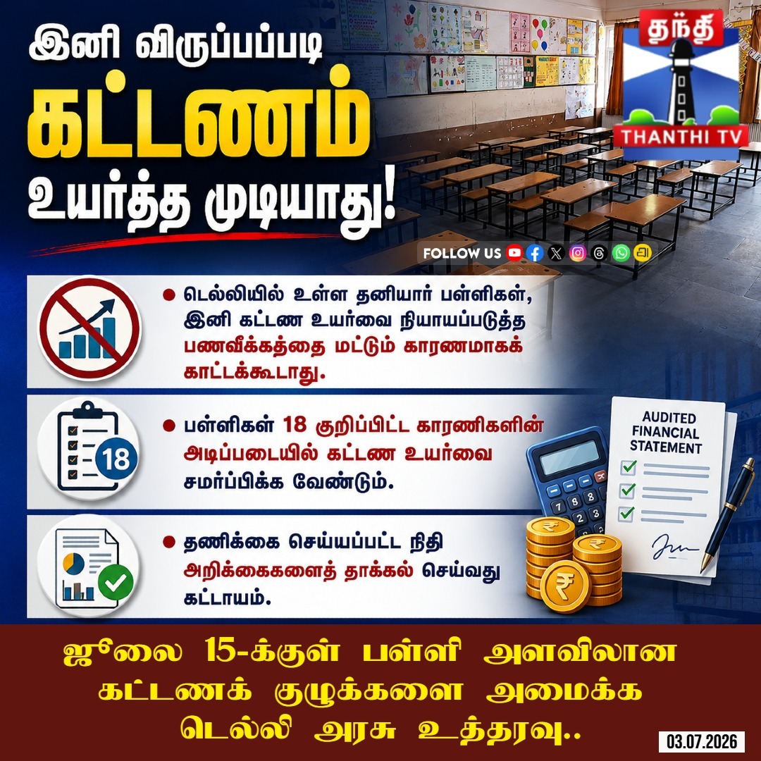 ThanthiTV's tweet photo. இனி விருப்பப்படி கட்டணம் உயர்த்த முடியாது! டெல்லி தனியார் பள்ளிகளுக்கு புதிய கட்டுப்பாடு
#DelhiPrivateSchools #SchoolFeeHike #EducationNews #DelhiGovernment #FeeRegulation #Transparency #ParentRights #EducationReform #SchoolFees #ThanthiTV https://t.co/hQREiWh0nD