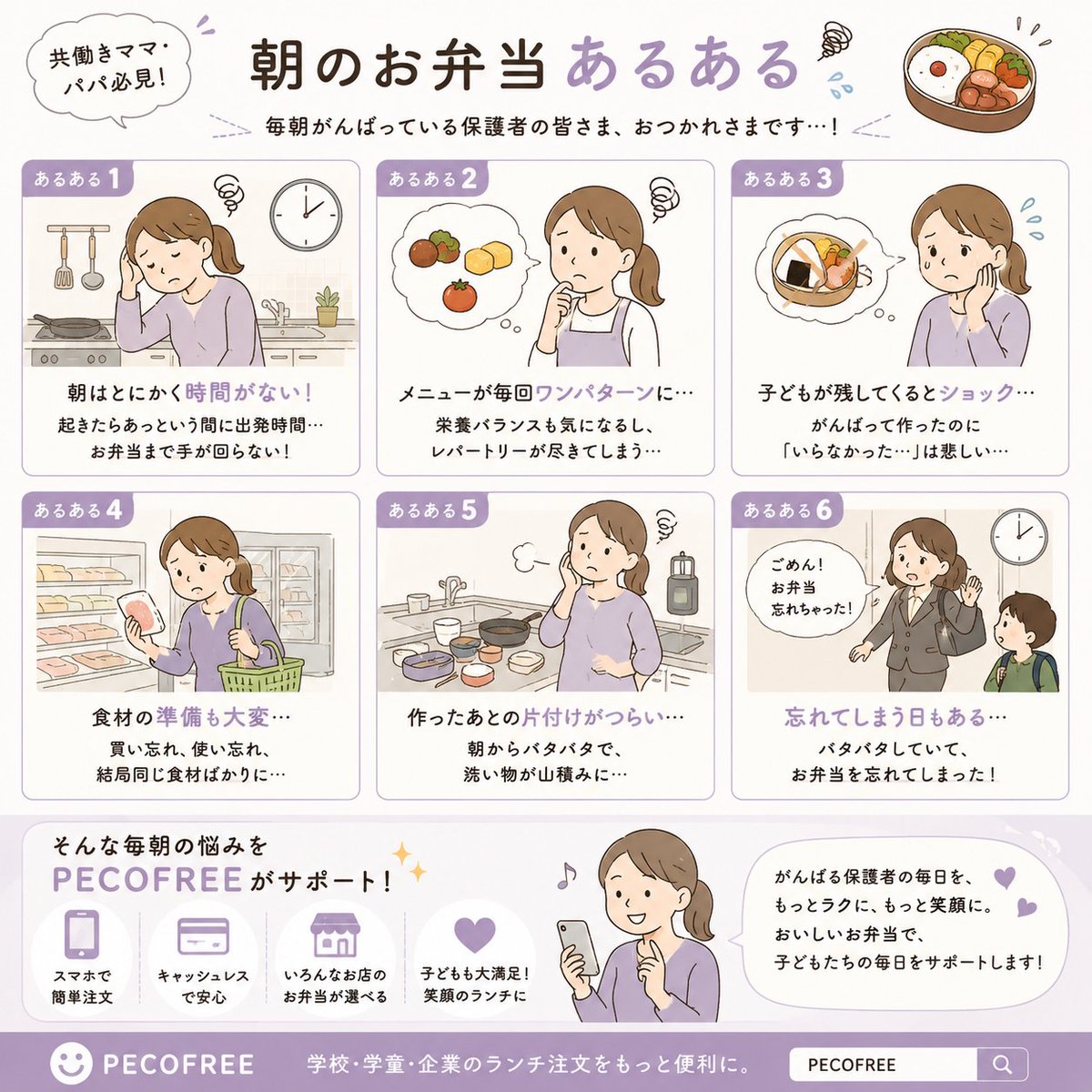 pecofree's tweet photo. 「朝のお弁当づくりがなくなって助かりました😊」「毎日いろんなお店のお弁当が食べられて楽しい🍱」保護者も子どもも笑顔になるサービス。それがPECOFREEです✨
#ぺこふりー #学校フードデリバリー  #高校 #学童 #社食 #食のスタートアップ ＃PECOFREE #ペコフリー #企業公式夏のフォロー祭り #企業公式相互フォロー