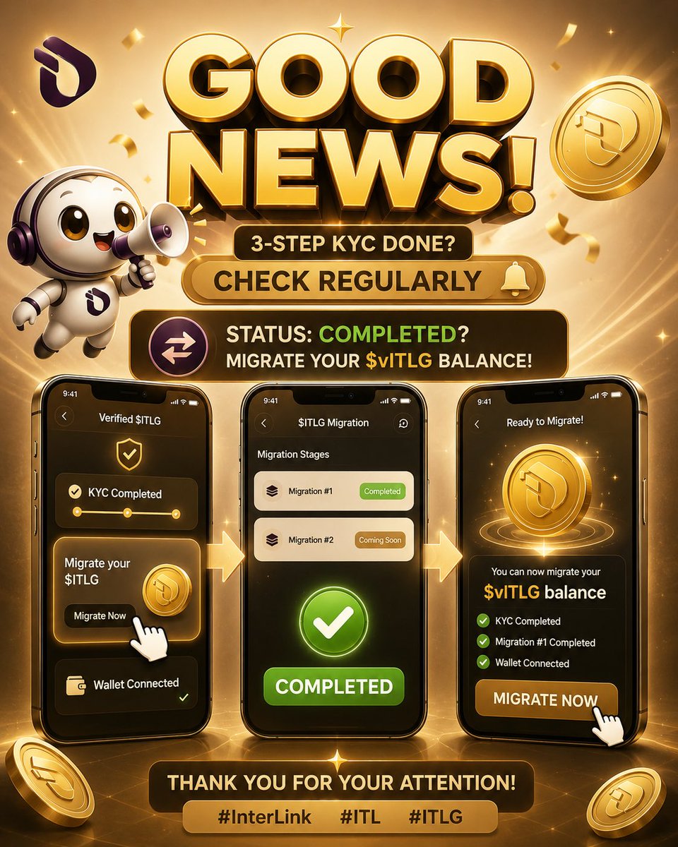 yb_kommerla's tweet photo. Great news for Linkers! If you’ve completed the 3-step KYC, keep checking the “Migrate Your $ITLG” section.
Once your status shows Completed, you’re ready to move your verified balance on-chain. The future is here!
#InterLink #ITLG #ITL #OnchainMigration #Web3 https://t.co/QJm2JKbl1W