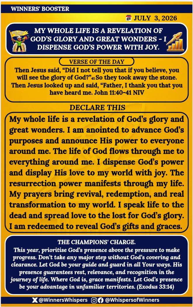 WinnersWhispers's tweet photo. Declare this:

My whole life is a revelation of God’s glory and great wonders. I am anointed to advance God’s purposes and announce His power to everyone around me. The life of God flows through me to everything around me. 
I dispense God’s power and display His love to my world with joy.

 The resurrection power manifests through my life. My prayers bring revival, redemption, and real transformation to my world. I speak life to the dead and spread love to the lost for God’s glory. I am redeemed to reveal God’s gifts and graces.

#WhispersofWinners